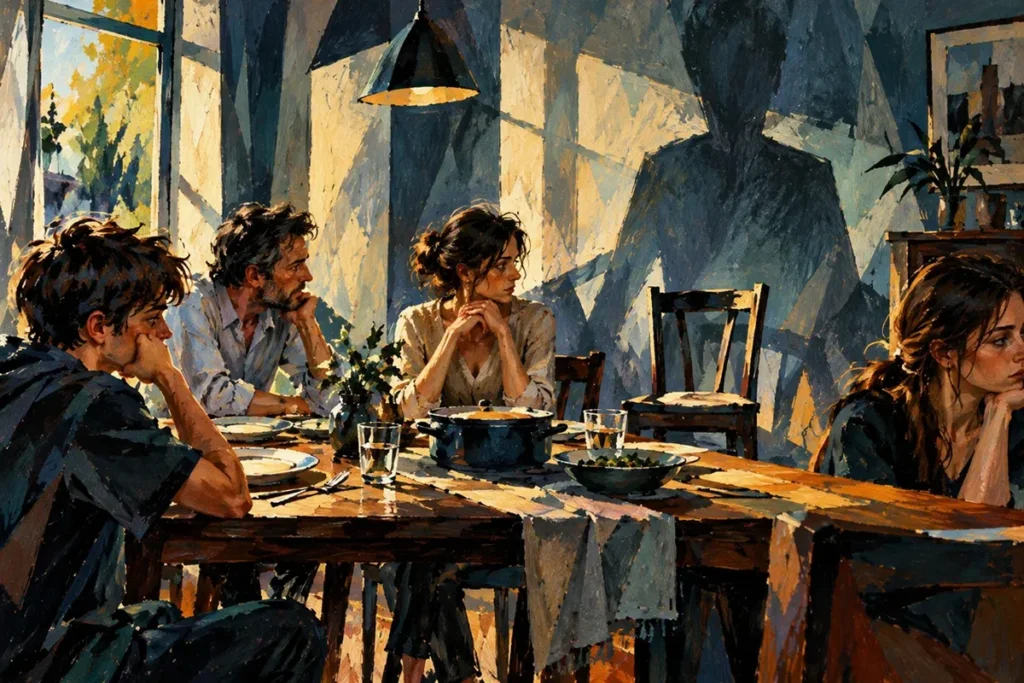Ilustração de família em silêncio ao redor da mesa de jantar, com uma grande sombra humana projetada na parede ao fundo.